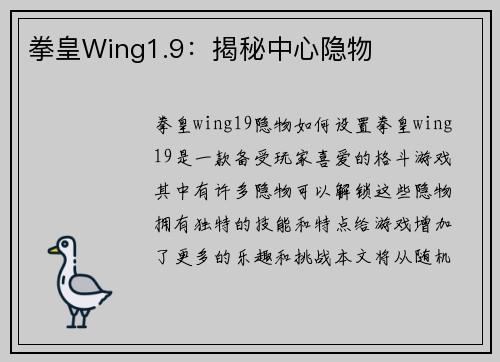 拳皇Wing1.9：揭秘中心隐物